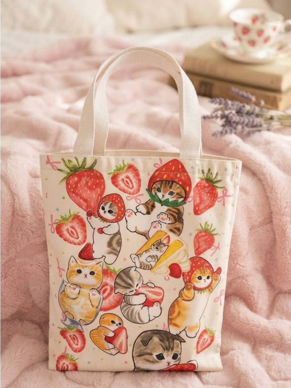 Canvas Strawberry Cats Small Pet Tote Bag - Cream